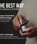 Person holding Premium Aluminum Toothless Grinder 2.5 Inch 4 Piece With Extra Storage Magnetic Lid Manual Herb Grinder Matte Gunmetal Gray