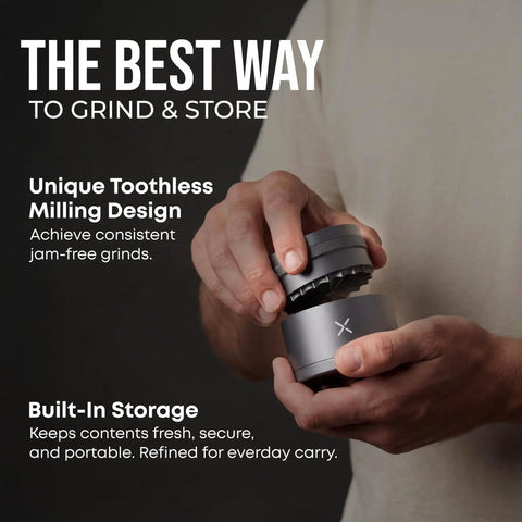 Person holding Premium Aluminum Toothless Grinder 2.5 Inch 4 Piece With Extra Storage Magnetic Lid Manual Herb Grinder Matte Gunmetal Gray