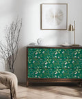 Green Floral Peel And Stick Wallpaper With Vintage Bird Pattern Removable Self Adhesive Wall Covering on a dresser drawer