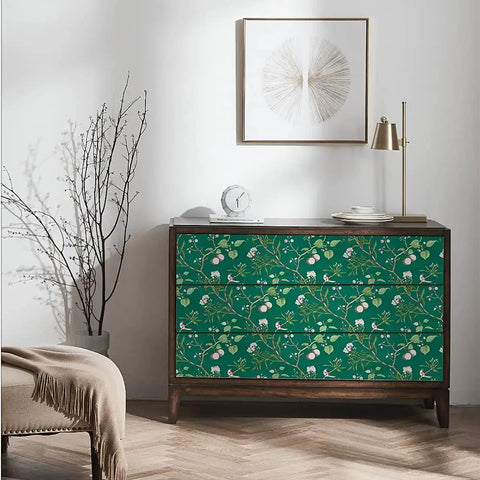 Green Floral Peel And Stick Wallpaper With Vintage Bird Pattern Removable Self Adhesive Wall Covering on a dresser drawer