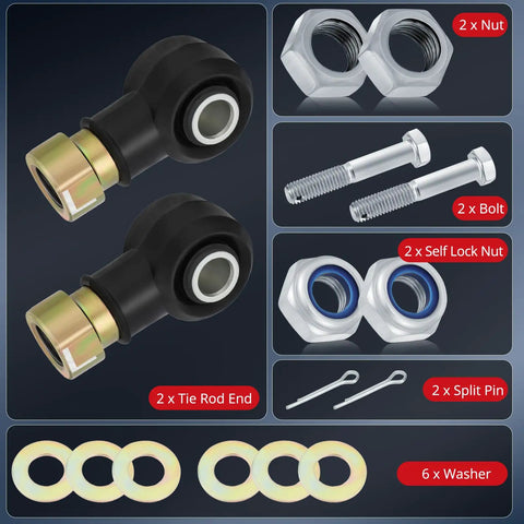 Outer Tie Rod End Set For Polaris UTVs RZR 570 800 900 And Ranger 400 425 500 570 700 800 900 1000 Ace Brutus HD GEM E2 E4 E6 EM1400 Built For Rugged Trails And Heavy Duty Steering Upgrade Real Tough Terrain Ready. 2 tie rod ends with nuts, bolts, locknuts, split pins, and washers
