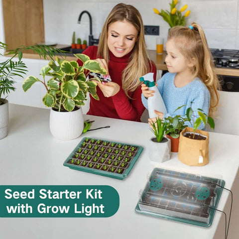 Woman and child planting with Two Pack Seed Starter Tray With Grow Light, 80 Cell Seed Starting Kit visible on table