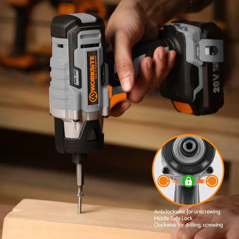 Cordless Impact Driver Kit Delivers Beastly 2655 Inch Pounds Torque For All Your Fastening Needs Quarter Inch All Metal Hex Chuck Variable Speed Comes With 2 Amp Battery One Hour Charger 26 Impact Bits And Handy Tool Bag in use with wooden project.