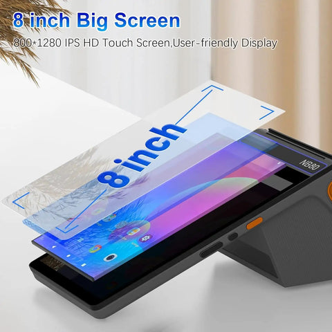 4G And WiFi POS Terminal With Android 12, 3GB RAM, 16GB ROM, 8 Inch IPS Touch Screen display highlighted, showing dimensions