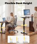 Smooth Electric Sit Stand Desk Offers Effortless Motorized Height Adjustment For Ultimate Ergonomic Home Office Setup With Roomy 46 Inch Surface For Monitors And Laptops, showcasing adjustable heights.
