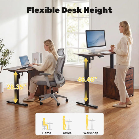 Smooth Electric Sit Stand Desk Offers Effortless Motorized Height Adjustment For Ultimate Ergonomic Home Office Setup With Roomy 46 Inch Surface For Monitors And Laptops, showcasing adjustable heights.