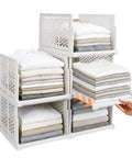 One Hand Pull Out Closet Organizers Pack Of Five with smooth sliding wardrobe drawers displaying folded clothes, stackable bins