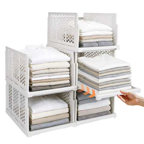 One Hand Pull Out Closet Organizers Pack Of Five With Smooth Sliding Wardrobe Drawers Stackable Closet Bins Built Tough Anti Tip Foldable Storage For Bedroom And Office Organization, white closet bins with folded clothes