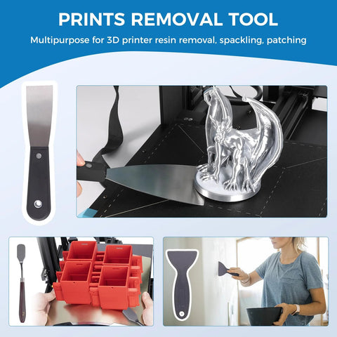 Sovol 3D printer tools kit (36 pcs) with spatula scraper and dragon figurine on print bed