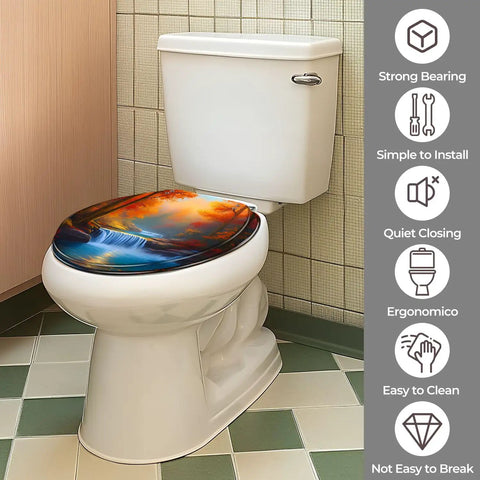 Toilet Seat Round Resin for Bathroom with colorful nature design, suitable for 4-7 inches fittings, easy to clean.