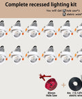 Image of LED Recessed Ceiling Lights Kit, 12 Pack, including junction box and installation tools, displayed on beige background.