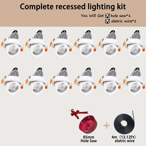 Image of LED Recessed Ceiling Lights Kit, 12 Pack, including junction box and installation tools, displayed on beige background.
