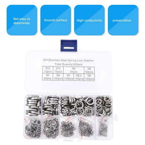 Stainless Steel Spring Lock Washer Kit 600 Piece Set M2 To M12 With Flat And Split Gaskets For Mechanical And Automotive Use Heavy Duty Fastening Washers Set For Secure Tight Connections, 304 stainless steel organizer with M2-M12 sizes