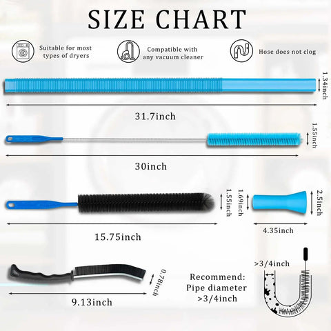 Size chart showing components of Dryer Vent Cleaner Kit With Flexible Vacuum Attachment Hose Universal Fit For Most Vacuums Lint Cleaner Kit