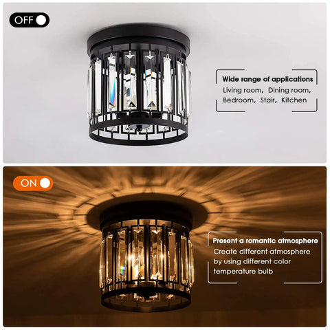 Elegant Crystal Flush Mount Chandelier With K9 Crystal, 3 Light Modern Close-To-Ceiling Fixture In Black, Ideal For Kitchen Hallway Dining Living Room, E12 Base, Ultra Sleek Glam Lighting, Easy Install