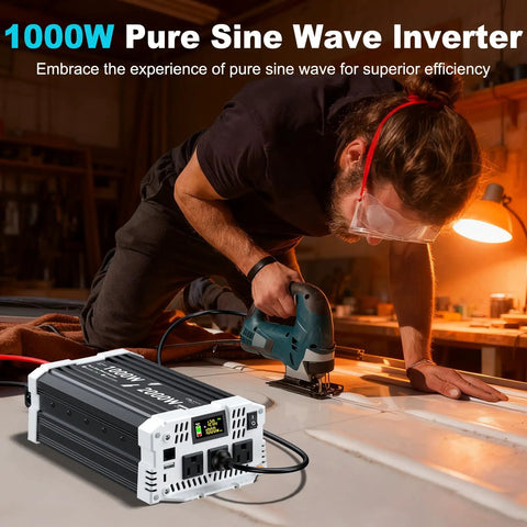 Legit 1000 Watt Pure Sine Wave Inverter Converts 12V DC To 120V AC Without The Headache with a user cutting wood in a workshop.