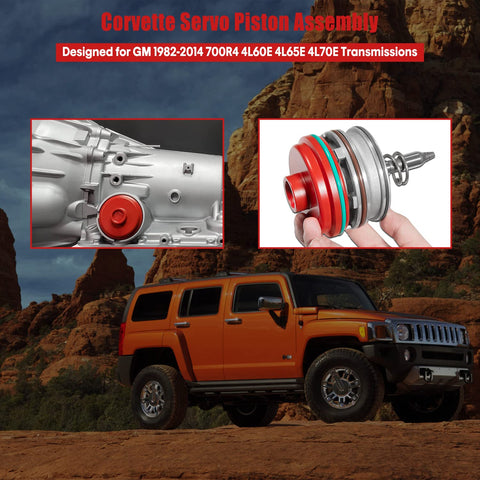 High Performance Servo Piston Assembly Beefed Up Upgrade Kit For GM 700R4 4L60E 4L65E 4L70E Transmissions With Cover Snap Ring And Pin Aluminum Alloy Durability For Heavy Duty Trucks, red piston installed on transmission