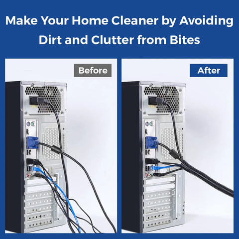 Before and after using Split Loom Wire Cover One Half Inch By Ten Feet, Flexible Cord Protector Tubing for Wires, on computer cables