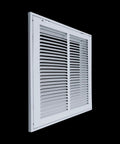 Angled view of Fits 18 By 18 Duct Opening Steel Return Air Grille With Removable Door For One Inch Filters White Vent Cover
