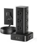 Straight Up Essential Heavy Duty Vertical Power Strip Tower With Twelve AC Outlets And Four USB Ports Features Dual USB C Fast Chargers And Six Foot Cord For Super Easy Desk Organization, black design with outlets and USB ports.