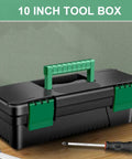 Kickass Tailgate Ready Tool Box Featuring An Unbreakable Hinged Lid And Grippy Top Carry Handle Perfect For Camping Rigs Weekend Getaways And Job Site Repair Snap Up This Hassle Free Storage Crate Today, 10 inch size, heavy-duty black design with green handle.