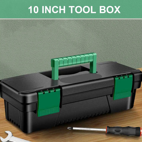 Kickass Tailgate Ready Tool Box Featuring An Unbreakable Hinged Lid And Grippy Top Carry Handle Perfect For Camping Rigs Weekend Getaways And Job Site Repair Snap Up This Hassle Free Storage Crate Today, 10 inch size, heavy-duty black design with green handle.