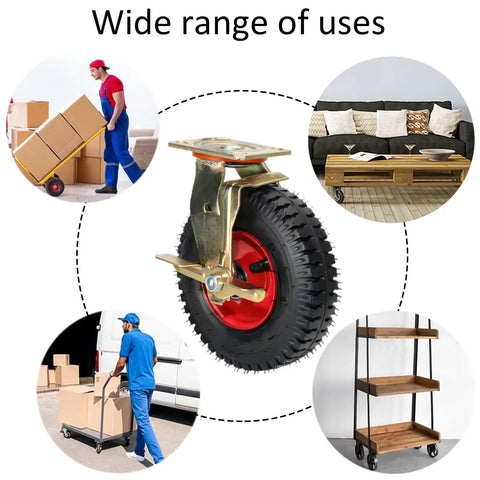Heavy Duty Air Filled Caster Wheels With Swivel Brakes And Fixed Mounts, showcasing its versatile use for heavy carts and furniture.