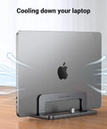 Vertical Laptop Stand For Desk, Aluminum Holder with Apple laptop cooling illustration, space saving design, gray finish.