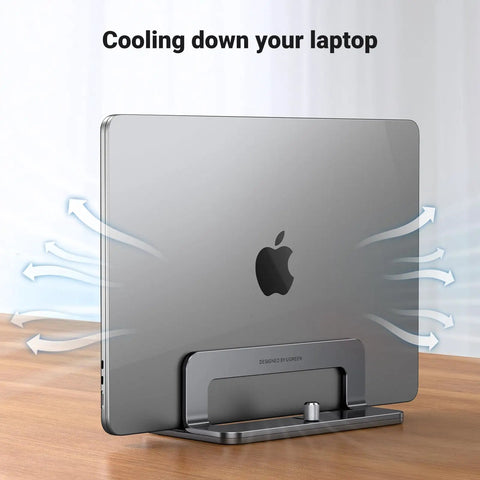 Vertical Laptop Stand For Desk, Aluminum Holder with Apple laptop cooling illustration, space saving design, gray finish.