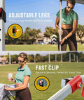 Woman setting up 10x10 Pop Up Canopy Tent With Patented CenterLok One Push Setup For Instant Easy Up, demonstrating adjustable legs and fast clip feature.