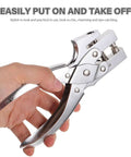 Hand holding a heavy duty single hole punch plier for office and crafting, featuring a sturdy steel build and ergonomic design.