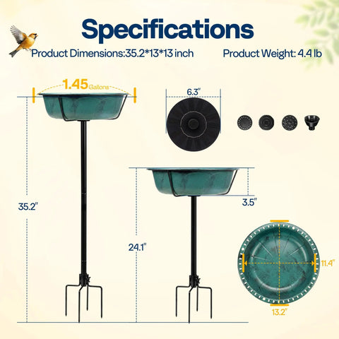 Specifications of Solar Powered Bird Bath Fountain For Outdoors With Weather Resistant ABS Bowl And Ground Stake Includes 4 Detachable Support Rods For Stable Fountain No Splash Setup Garden Bird Bath One Point Four Five Gallons Green with dimensions and parts.