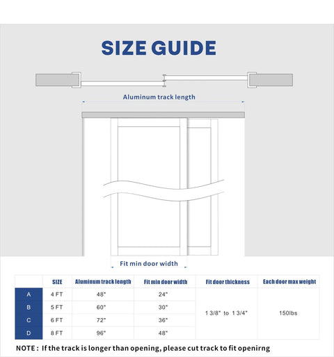 Size guide for 60 Inch Bypass Sliding Door Hardware Kit showing aluminum track lengths and door size specifications.