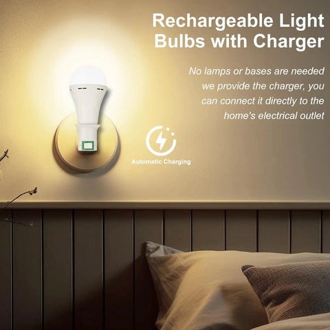10 Pack Rechargeable Emergency Light Bulbs For Power Outages And Camping in bedroom with charger, 9W E27 8500K