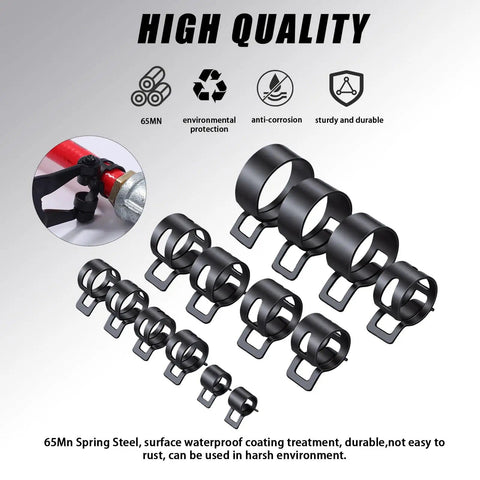 Beefy Spring Hose Clamp Kit With Pliers 130 Piece 6 To 25 mm Assortment showing clamps and durability icons
