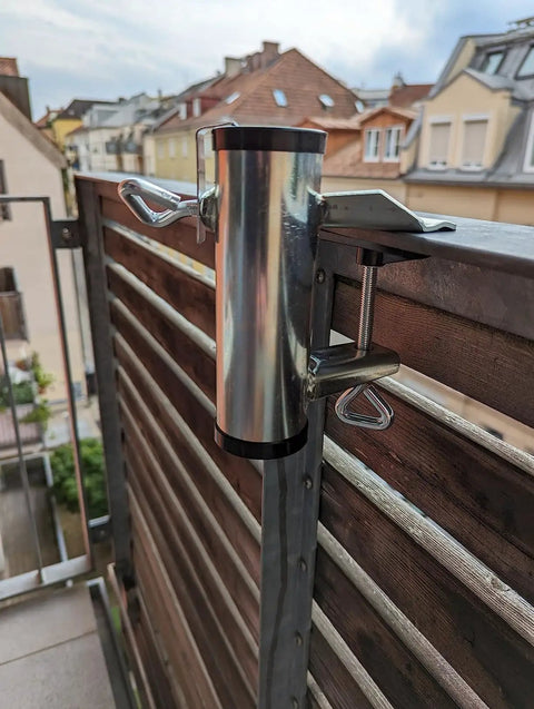 Two Pack Heavy Duty Umbrella Clamp Galvanized Steel Adjustable Deck Mount For Patio Balcony Railing installed outdoors