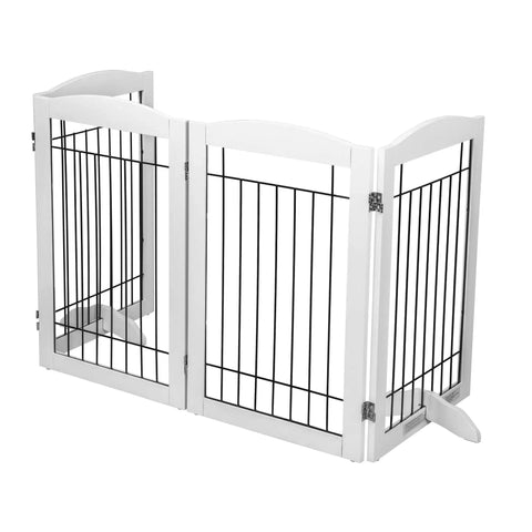 Free Standing Foldable Wire Dog Gate With Four Panels Extra Wide 80 Inch Span And 30 Inch Tall Safety Fence For Doorways Stairs And Rooms Includes Support Feet White, showing wire panels and hinge details