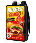 Rock Solid 21.5 Inch Touch Screen Led Advertising Backpack With Android Os And Hella Bright Ip65 Waterproof Display promoting burger combo.