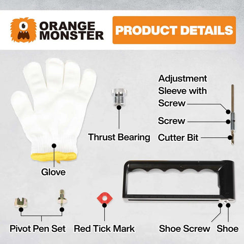 Various components including glove, adjustment sleeve, screw, cutter bit, and more for 2 to 12 inch adjustable hole cutter.