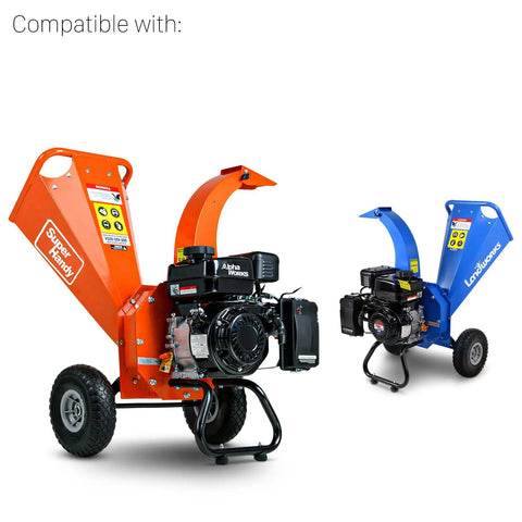 Heavy Duty Wood Chipper Blade Set 2 Pack For LCE12 SuperHandy And GUO054 Chippers displayed with compatible orange and blue chippers