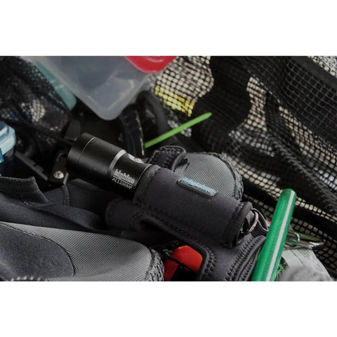 1300 Lumen Narrow Beam Dive Light With Tail Switch For Scuba And Snorkeling, Four Power Levels, Push Button On Off on wetsuit