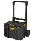Tough System 2.0 Mobile Storage Case With Auto Connect Side Latches shown with handles extended and rugged 8 inch wheels