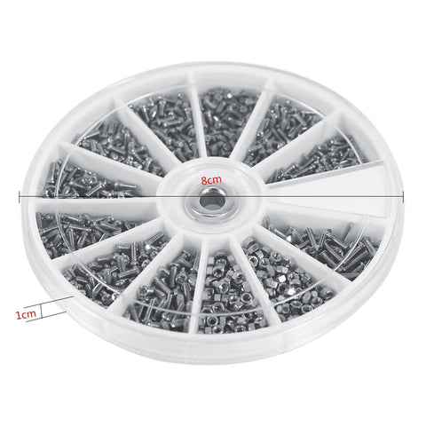Top Shelf 600 Piece Micro Stainless Steel Screw And Nut Assortment Kit arranged in a clear 8cm circular case, ideal for repairs.