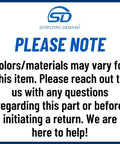 Notice about color/material variations for product returns and inquiries, blue text on white background with SD logo.