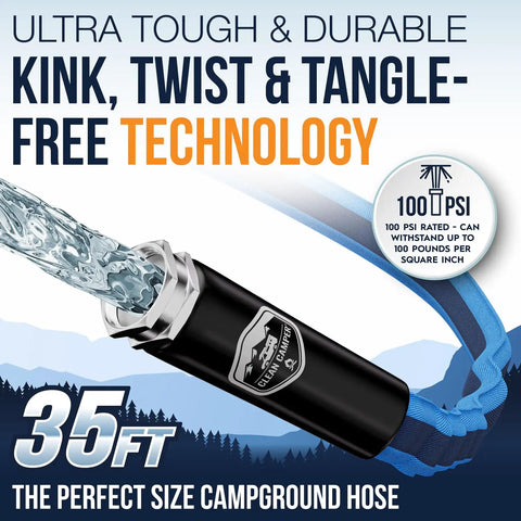 RV Fresh Water Drinking Hose 35 Feet With Kink Free Design and Stainless Steel Fittings, Water Flowing, 100 PSI Rating