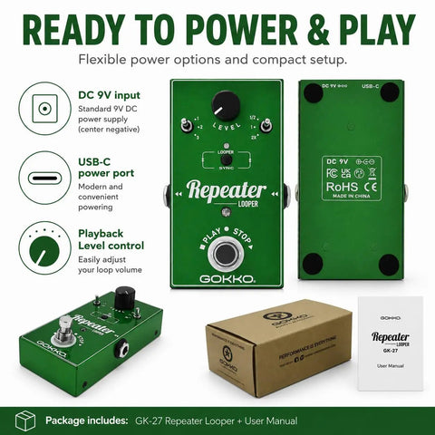 Ten Minute Electric Guitar Loop Pedal With Unlimited Overdubs Undo Redo Auto Loop Memory Loop Station And True Bypass, green pedal with manual and box