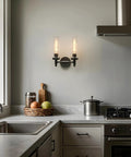 Rustic Industrial Wall Sconce Light With Tubular Clear Glass Lampshades, Matte Black Finish, Double Sconce Set in modern kitchen