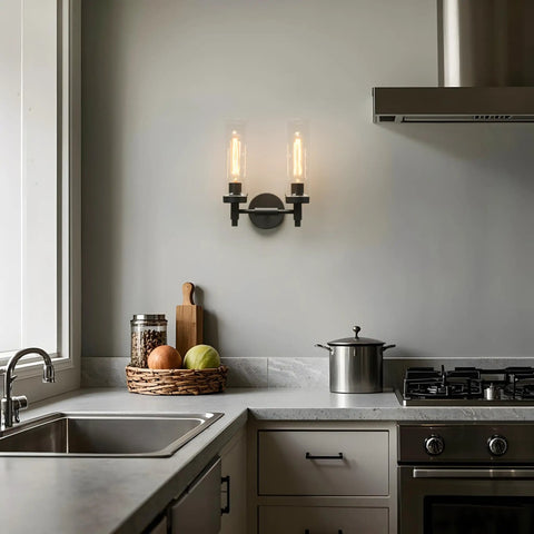 Rustic Industrial Wall Sconce Light With Tubular Clear Glass Lampshades, Matte Black Finish, Double Sconce Set in modern kitchen