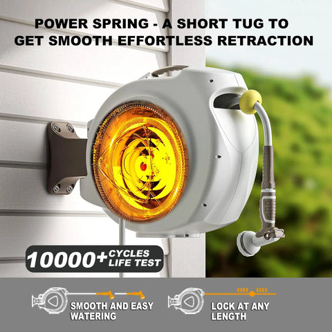 Heavy Duty Wall Mounted Garden Hose Reel With Auto Rewind and 100 Plus 6 Feet Hose, mounted on wall, side view
