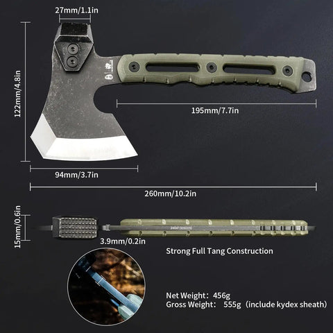 Multifunctional Splitting Axe For Camping And Bushcraft, showing dimensions, full tang, G10 handle, 5Cr15Mov steel blade
